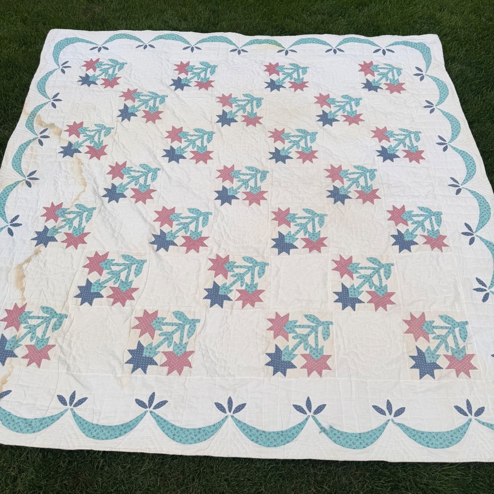 B+ Britannica Home Fashions Floral Star Quilt White Pink Blue 84x84 Cottagecore - Picture 3 of 7
